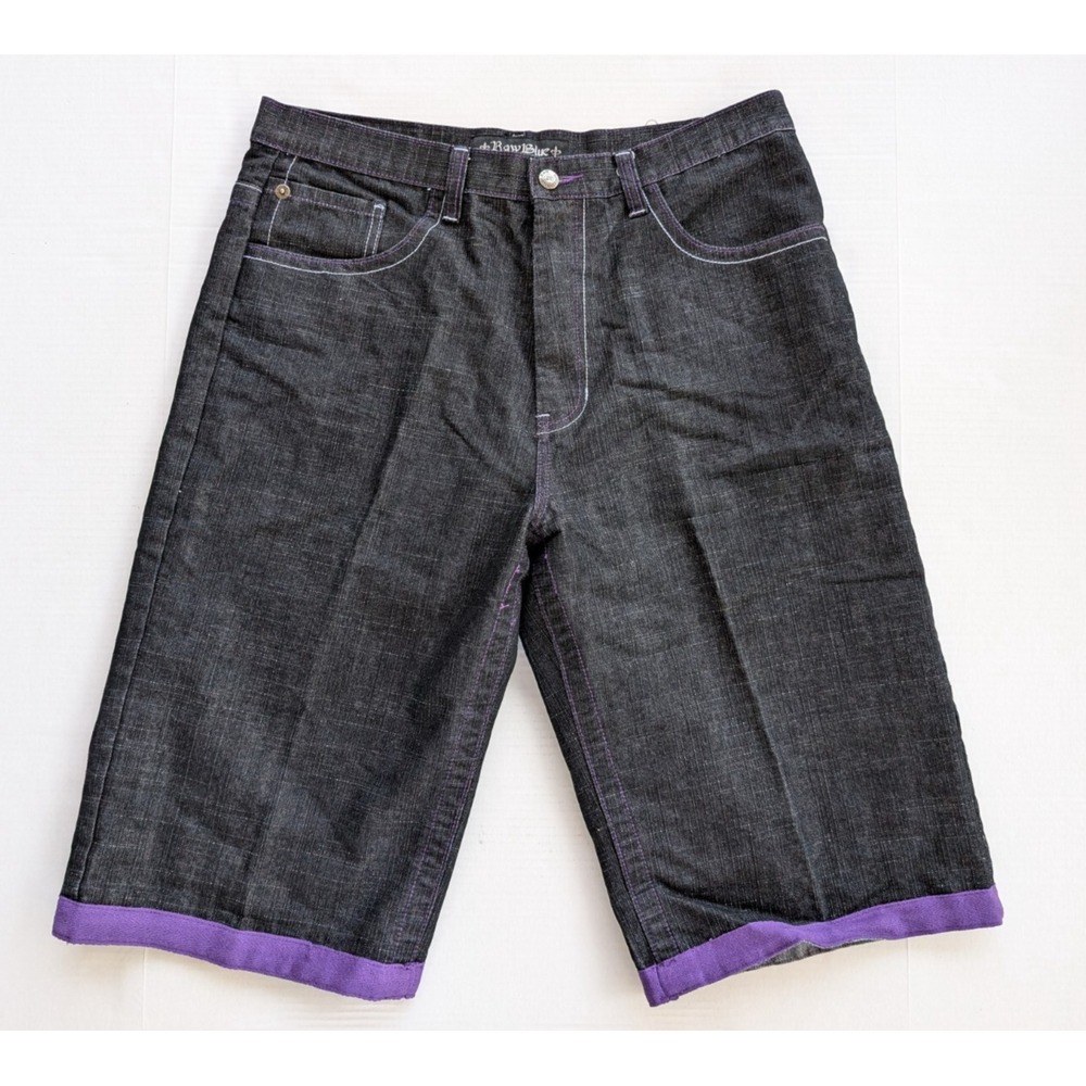 Vintage Raw Blue Jean Shorts Mens 34 Y2K Purple Lined Pocket Embroidered Baggy